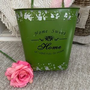 Vintage Chippy Metal Floral Container with Handle